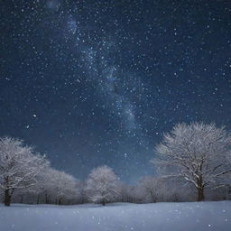 A dreamlike scene of a nighttime sky filled with stars, where countless birds are taking flight amidst falling snowflakes, creating a mesmerizing blend of motion and serenity.