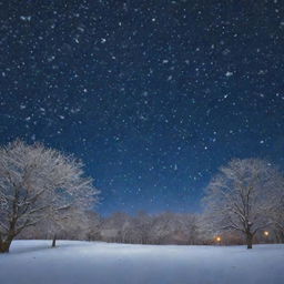 A dreamlike scene of a nighttime sky filled with stars, where countless birds are taking flight amidst falling snowflakes, creating a mesmerizing blend of motion and serenity.