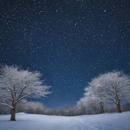 A dreamlike scene of a nighttime sky filled with stars, where countless birds are taking flight amidst falling snowflakes, creating a mesmerizing blend of motion and serenity.