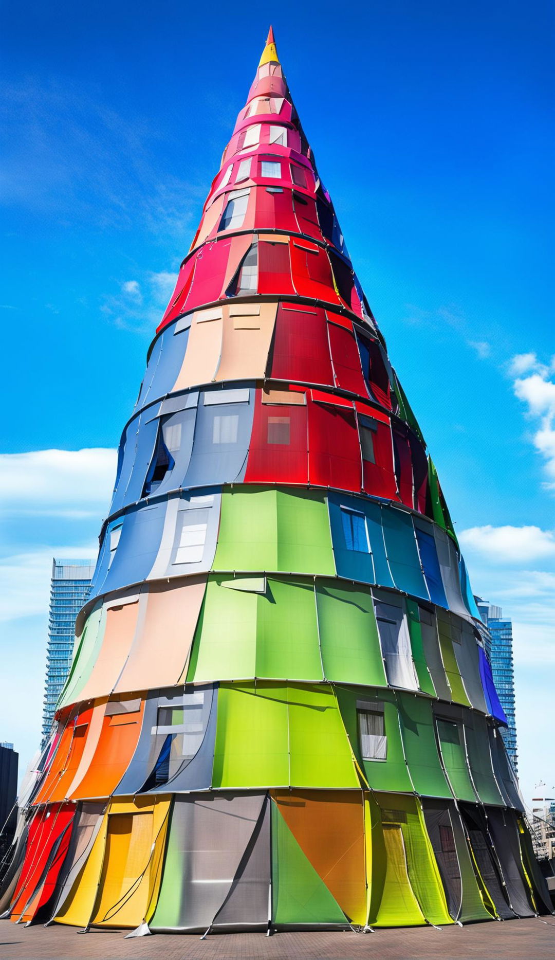 A towering architectural concept made from thousands of colourful tents stacked up against an urban landscape.