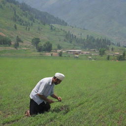 A man working diligently in vibrant, green farmland, with the prestigious Sher-e-Kashmir University of Agricultural Sciences and Technology (SKUAST) forming an inspiring backdrop.