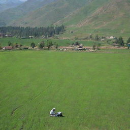 A man working diligently in vibrant, green farmland, with the prestigious Sher-e-Kashmir University of Agricultural Sciences and Technology (SKUAST) forming an inspiring backdrop.