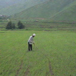 A man working diligently in vibrant, green farmland, with the prestigious Sher-e-Kashmir University of Agricultural Sciences and Technology (SKUAST) forming an inspiring backdrop.