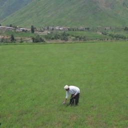 A man working diligently in vibrant, green farmland, with the prestigious Sher-e-Kashmir University of Agricultural Sciences and Technology (SKUAST) forming an inspiring backdrop.