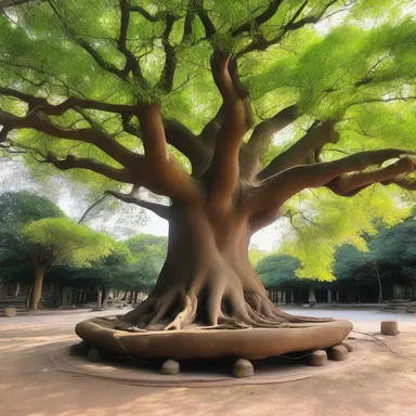 The sprawling branches of the sacred tree formed a natural altar for worship.