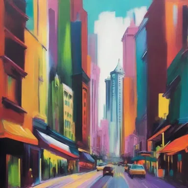 The artist used vibrant colors and bold brushstrokes to depict the sprawling cityscape.
