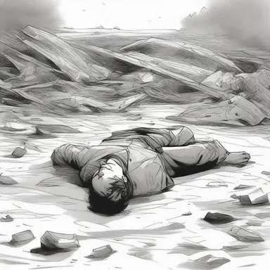 The protagonist, exhausted and defeated, fell to the ground in a sprawling heap.