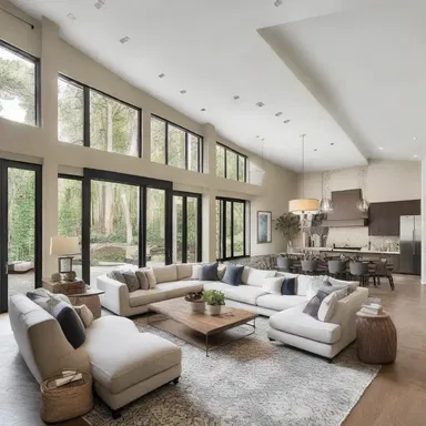 The open-concept living room featured a sprawling layout with furniture spread out across the space.