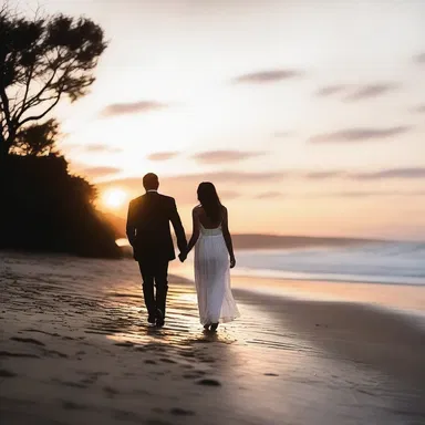 As the sun dipped below the horizon, the couple held hands and walked together in the dusk, feeling the romantic ambiance.
