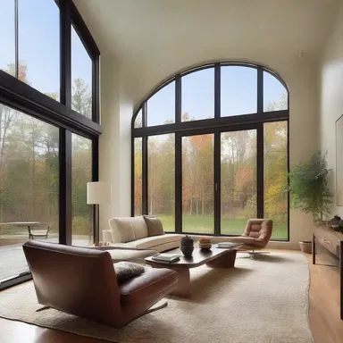 The large windows in the living room were strategically placed to allow ample natural light during dusk.