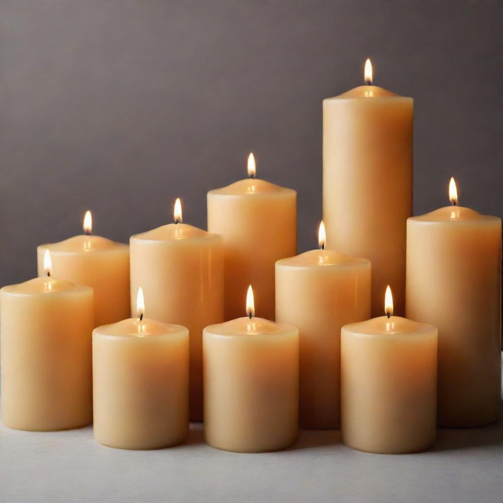 A set of beautifully crafted candles, each glowing with a warm and inviting light. The candles vary in size and color, organized in an aesthetically pleasing arrangement.