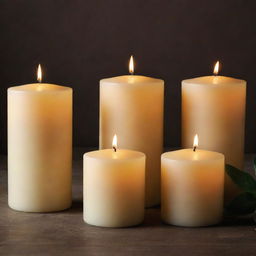 A set of beautifully crafted candles, each glowing with a warm and inviting light. The candles vary in size and color, organized in an aesthetically pleasing arrangement.