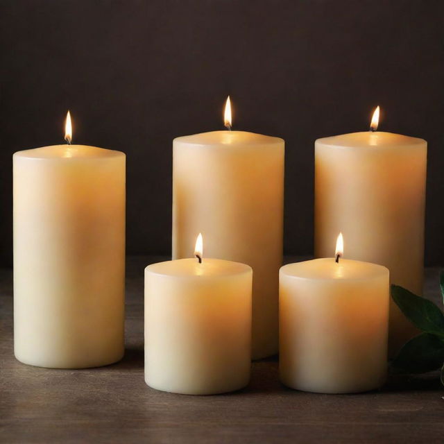 A set of beautifully crafted candles, each glowing with a warm and inviting light. The candles vary in size and color, organized in an aesthetically pleasing arrangement.