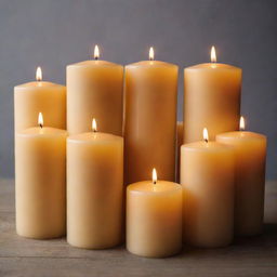 A set of beautifully crafted candles, each glowing with a warm and inviting light. The candles vary in size and color, organized in an aesthetically pleasing arrangement.