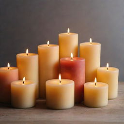 A set of beautifully crafted candles, each glowing with a warm and inviting light. The candles vary in size and color, organized in an aesthetically pleasing arrangement.