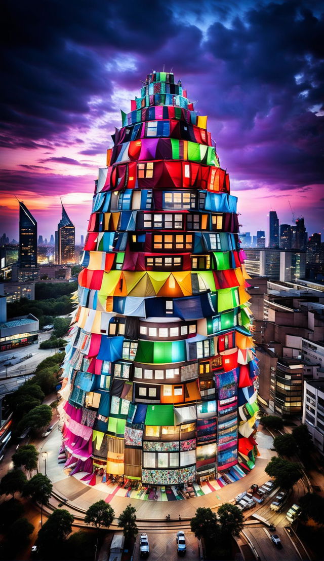 A towering architectural concept made from thousands of colourful tents stacked up against a dramatic cityscape.