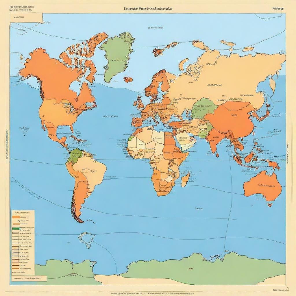 Generate a world map with the sea in shades of blue, land in shades of green, and desert areas in shades of orange