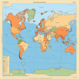 Generate a world map with the sea in shades of blue, land in shades of green, and desert areas in shades of orange