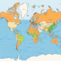 Generate a world map with the sea in shades of blue, land in shades of green, and desert areas in shades of orange