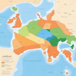 Generate a world map with the sea in shades of blue, land in shades of green, and desert areas in shades of orange