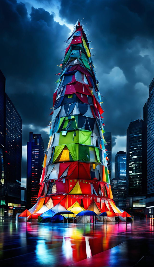 A towering architectural concept made from thousands of colourful tents stacked up against a cityscape under the rain, captured in long exposure.