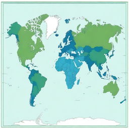 Generate a world map primarily in shades of blue and green