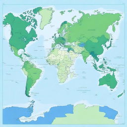 Generate a world map primarily in shades of blue and green