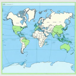 Generate a world map primarily in shades of blue and green