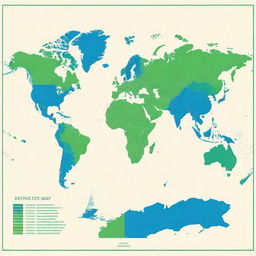 Generate a world map primarily in shades of blue and green