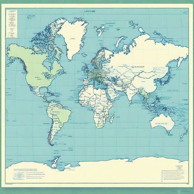 Generate a world map primarily in shades of blue and green