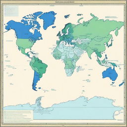 Generate a world map primarily in shades of blue and green