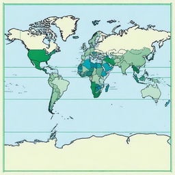 Generate a rectangular world map primarily in shades of blue and green