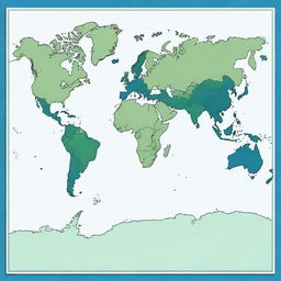 Generate a rectangular world map primarily in shades of blue and green