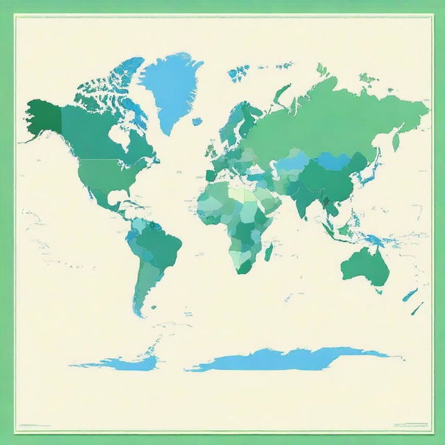 Generate a rectangular world map primarily in shades of blue and green