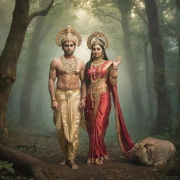 Ram and Sita, the revered figures from Indian mythology, standing amidst an enchanting forest with a divine aura surrounding them