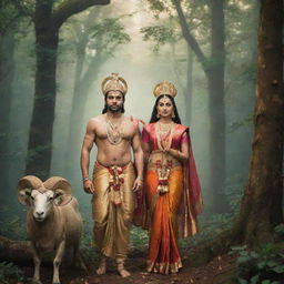 Ram and Sita, the revered figures from Indian mythology, standing amidst an enchanting forest with a divine aura surrounding them