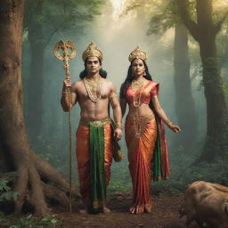 Ram and Sita, the revered figures from Indian mythology, standing amidst an enchanting forest with a divine aura surrounding them