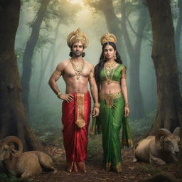 Ram and Sita, the revered figures from Indian mythology, standing amidst an enchanting forest with a divine aura surrounding them