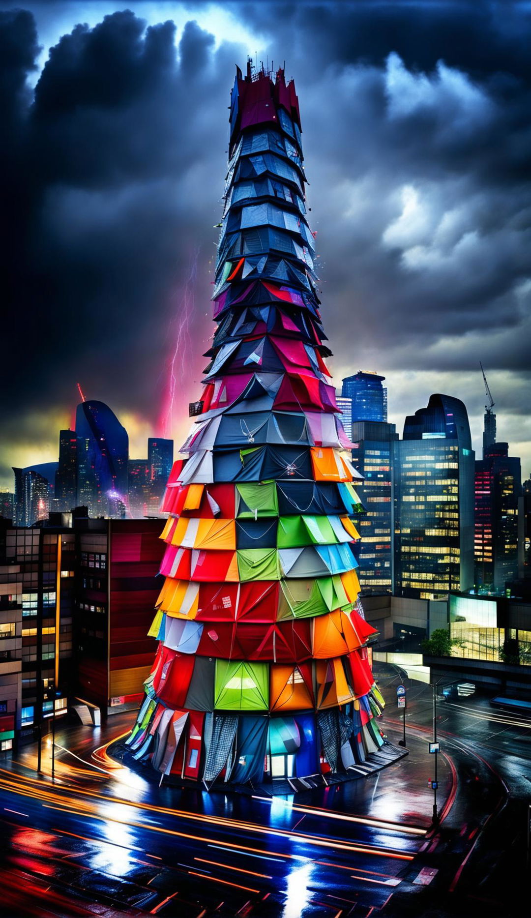 A towering architectural concept made from thousands of colourful tents and umbrellas stacked up against a heavily rain-soaked cityscape, captured in long exposure.