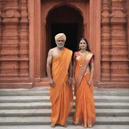 Ram and Sita, standing reverently in front of the majestic Ram Mandir, with exquisite architecture and the peaceful ambiance of devotion