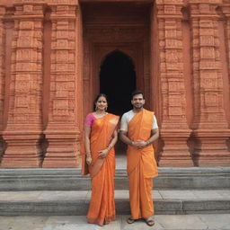 Ram and Sita, standing reverently in front of the majestic Ram Mandir, with exquisite architecture and the peaceful ambiance of devotion