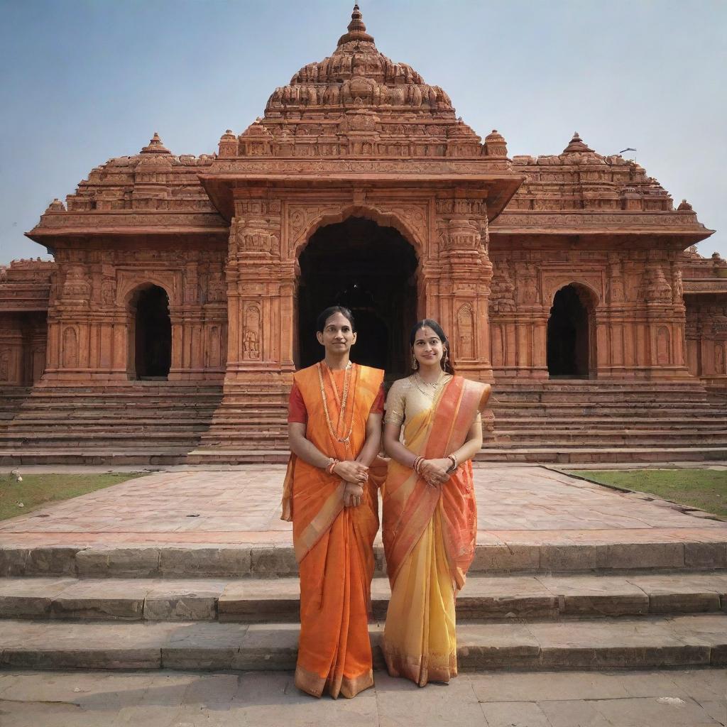 Ram and Sita, standing reverently in front of the majestic Ram Mandir, with exquisite architecture and the peaceful ambiance of devotion