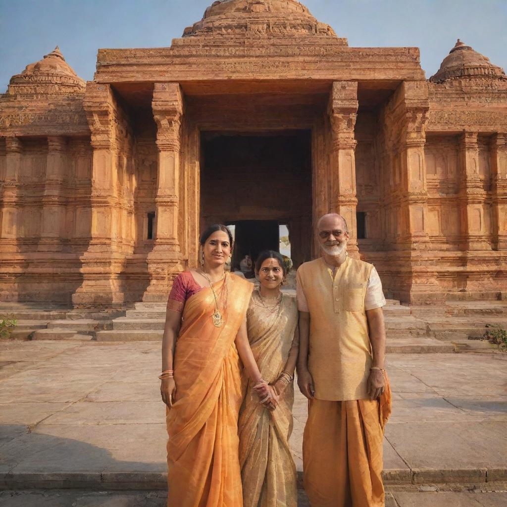 Ram and Sita, standing in front of the grand Ram Mandir in Ayodhya, bathed in golden sunlight, encapsulating a scene of divine harmony and spiritual tranquility