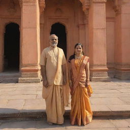 Ram and Sita, standing in front of the grand Ram Mandir in Ayodhya, bathed in golden sunlight, encapsulating a scene of divine harmony and spiritual tranquility