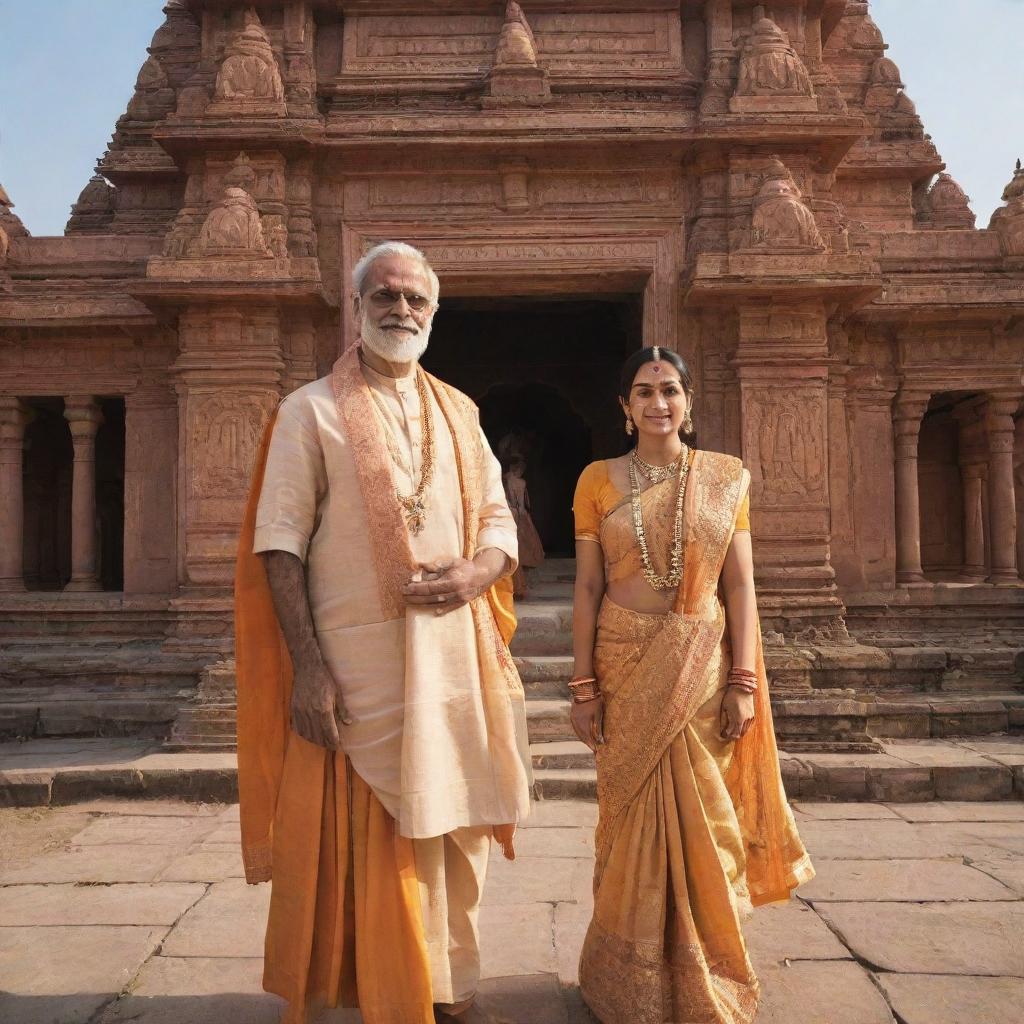 Ram and Sita, standing in front of the grand Ram Mandir in Ayodhya, bathed in golden sunlight, encapsulating a scene of divine harmony and spiritual tranquility