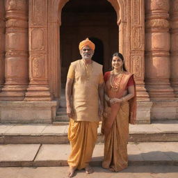 Ram and Sita, standing in front of the grand Ram Mandir in Ayodhya, bathed in golden sunlight, encapsulating a scene of divine harmony and spiritual tranquility