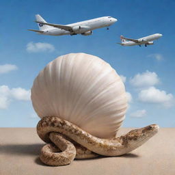 Surreal composition of a seashell, an aircraft, and a snake intertwined in harmonious interaction