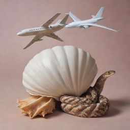 Surreal composition of a seashell, an aircraft, and a snake intertwined in harmonious interaction