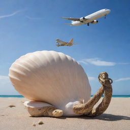 Surreal composition of a seashell, an aircraft, and a snake intertwined in harmonious interaction