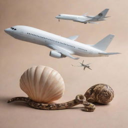 Surreal composition of a seashell, an aircraft, and a snake intertwined in harmonious interaction